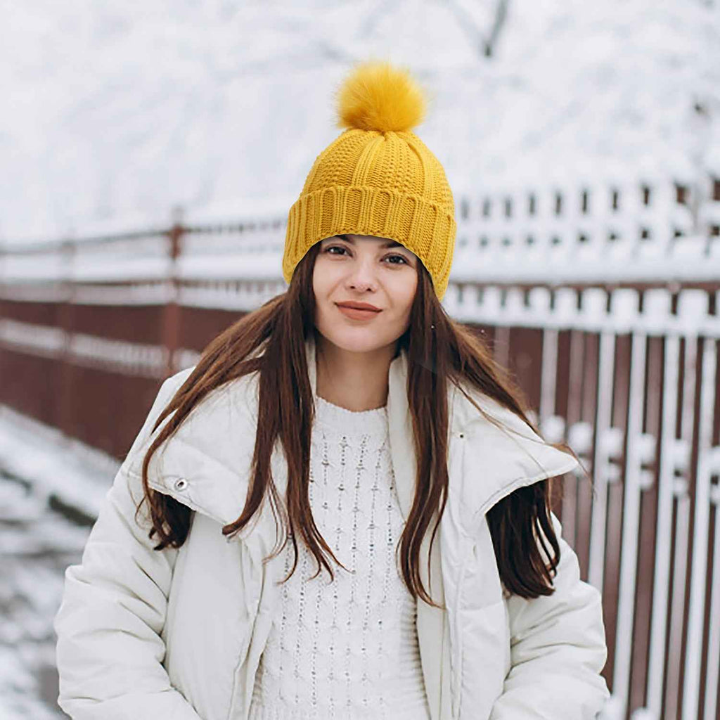 Winter Knitted Hats Fashion Stretchy Lined Skull Hats For Women Faux Fur Pom Pom Hat Keep Warming Beanie Hat